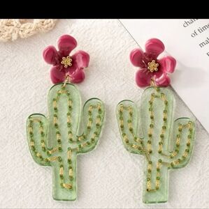 Floral Cactus Earrings - Green and Pink